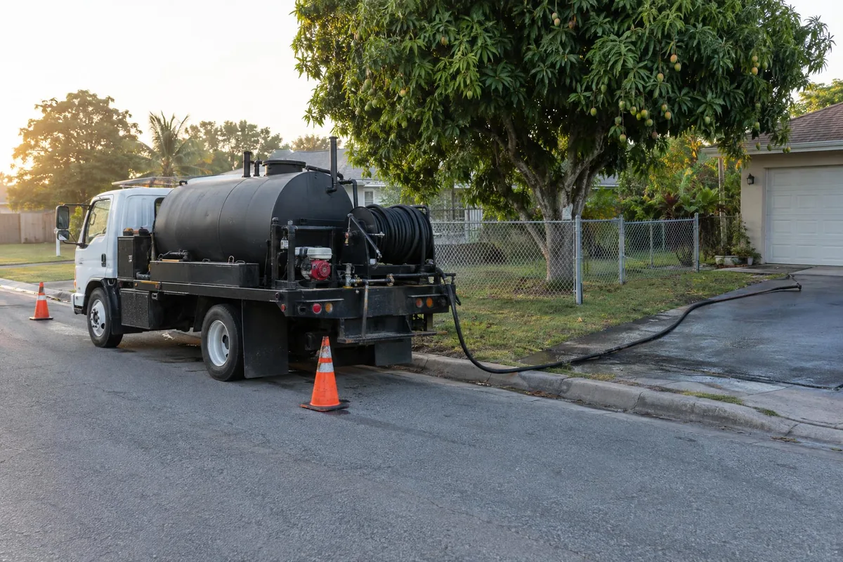 Sealcoating truck with a tank and hose parked at the curb of a residential street with cones